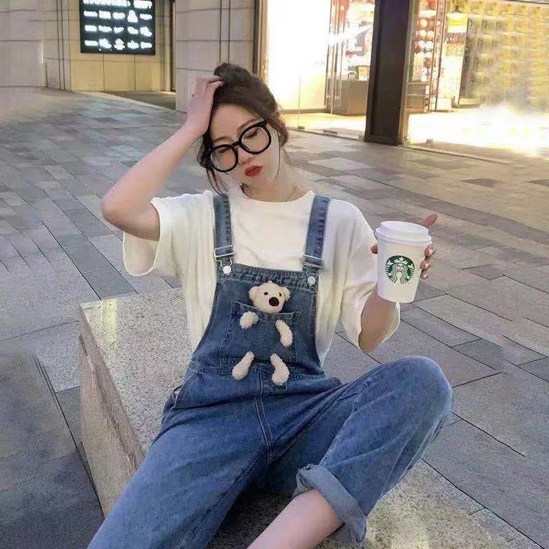 Jumpsuit Denim Dáng Rộng In Họa Tiết Hoạt Hình Phong Cách Hàn Quốc Thời Trang Xuân Hè Cho Nữ