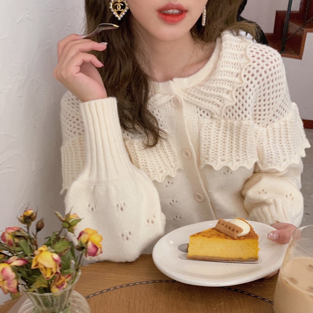 Áo Khoác Cardigan Dệt Kim Cổ Búp Bê Ngọt Ngào Phong Cách Mới Cho Nữ 2021