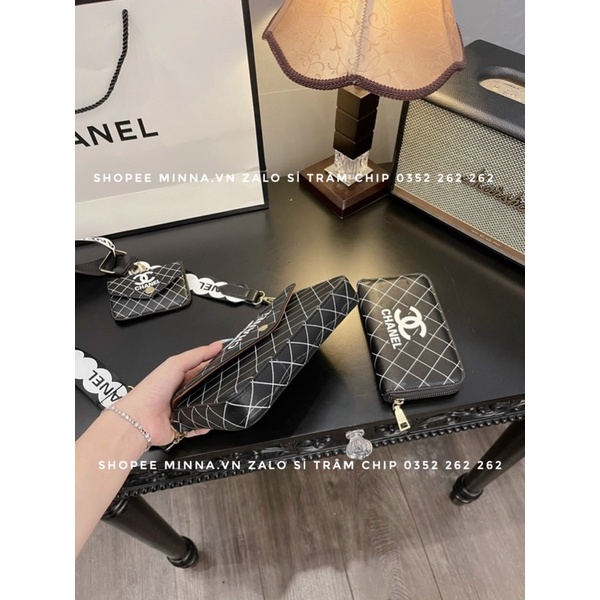 Túi Đeo Chéo Nữ Đẹp Sét 3 Món Dáng Bì Thư In Vạch Chéo Nổi