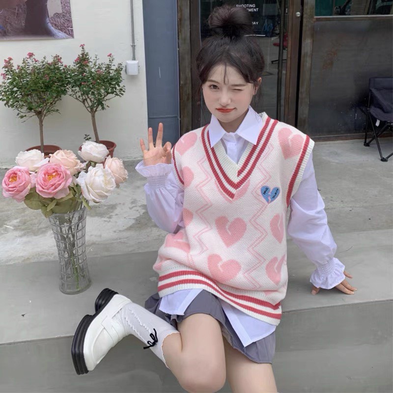 Áo len gile trái tim, Gile nữ len học sinh cao cấp, Áo Sweeter không tay form rộng cá tính