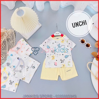 Bộ quần áo cộc tay Unchi  cho bé chất Petit cao cấp (loại cúc vai, áo trắng in kín, quần màu)