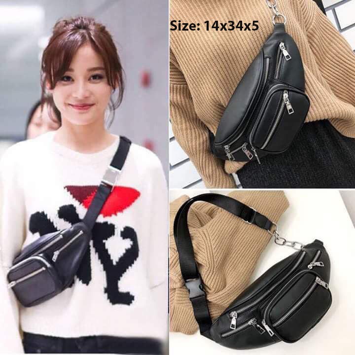 Túi bao tử đeo chéo da trơn unisex nam nữ đeo bụng đeo trước ngực phối xích cá tính | BigBuy360 - bigbuy360.vn