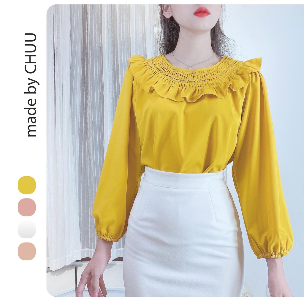 Áo sơ mi nữ cổ bèo tròn công sở tay dài CHUU A5639