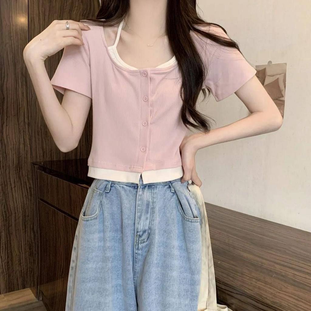 Áo croptop ngắn tay, áo kiểu dáng ôm thiết kế cổ yếm phong cách trẻ trung