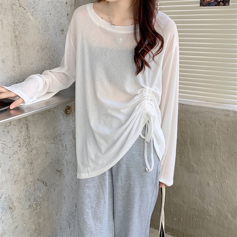 Áo Thun Tay Dài Dáng Rộng Phối Dây Rút Thời Trang Mùa Hè Cá Tính Cho Nữ