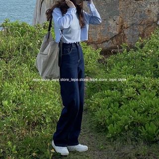 Quần jeans trơn xanh sẫm ống đứng dáng suông dài basic