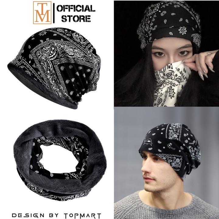 Mũ len xếp ly thổ cẩm lót lông trend Đông đa năng làm khẩu trang, băng đô, khăn quàng cổ MU21