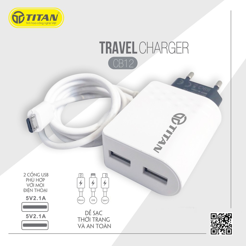 Combo củ sạc cáp micro TITAN - CB12 Chính Hãng - Siêu Bền