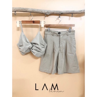 Set croptop xoắn + quần lửng vải Linen ( màu beige)