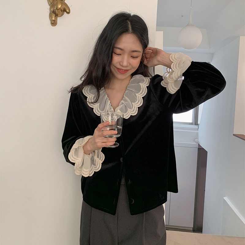 Áo sơ mi nhung SUXI tay dài dáng rộng cổ phối ren thời trang mùa thu phong cách Hàn Quốc