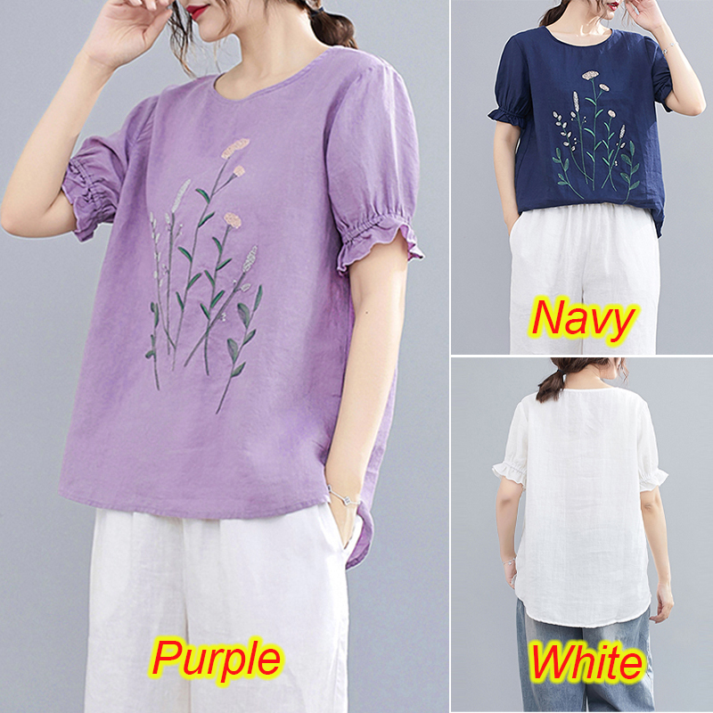 Áo kiểu ZANZEA vải cotton tay ngắn màu trơn thêu hoa phong cách học đường đơn giản thời trang nữ