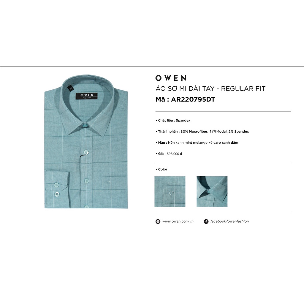 Áo Sơ Mi Nam Dài Tay OWEN AR220795DT Somi Công Sở Vải Microfiber Cao Cấp Màu xanh mint kẻ caro xanh đậm Dáng Regular Fit