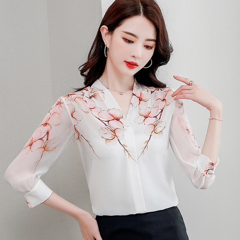 sơ mi nữ dài tay cổ v vai in hoa chất liệu nhẹ thoáng mát