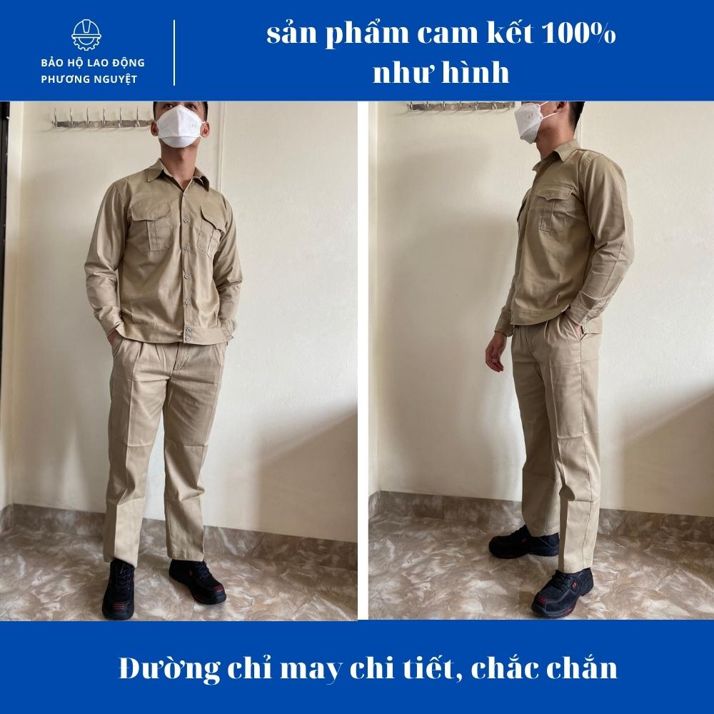 Quần áo bảo hộ lao động màu ghi tối vải kaki 2/1 độ bền cao và thấm mồ hôi tốt không phai màu, không xù, không dão