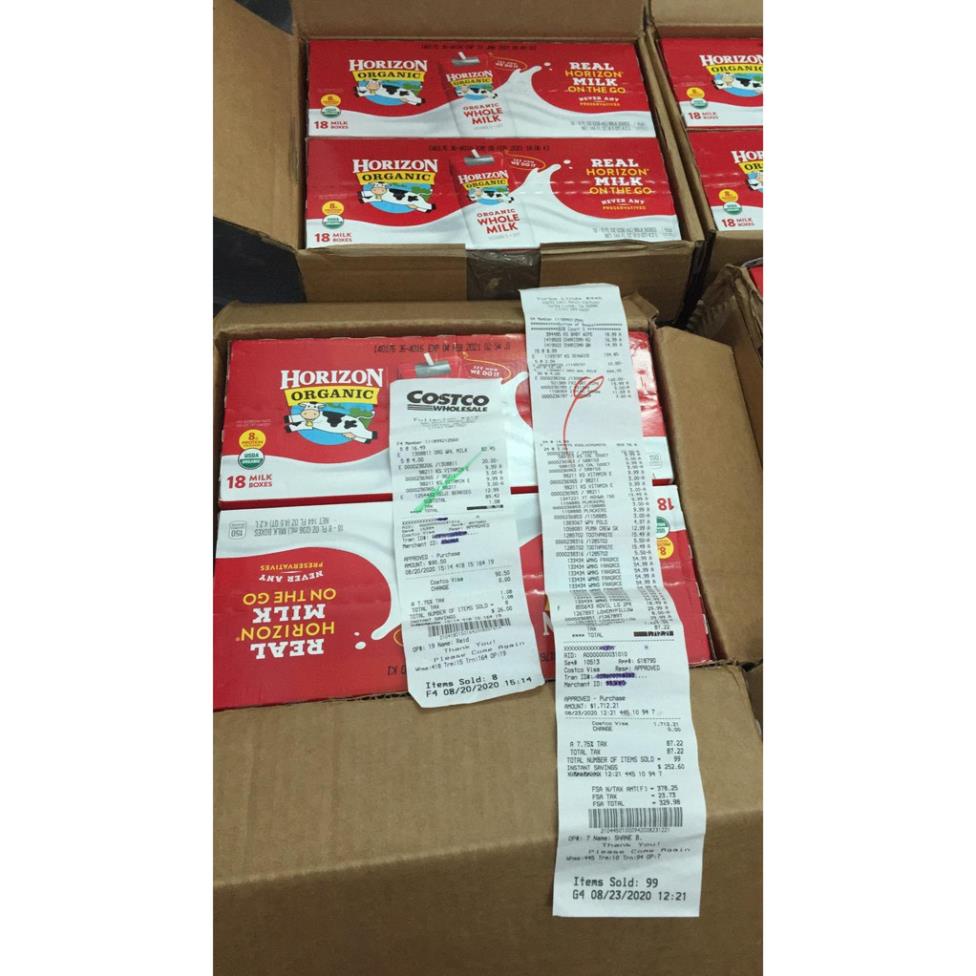 BAY AIR- date 2/2024 Thùng 18 hộp sữa tươi pha sẵn HORIZON ORGANIC WHOLE MILK Mỹ