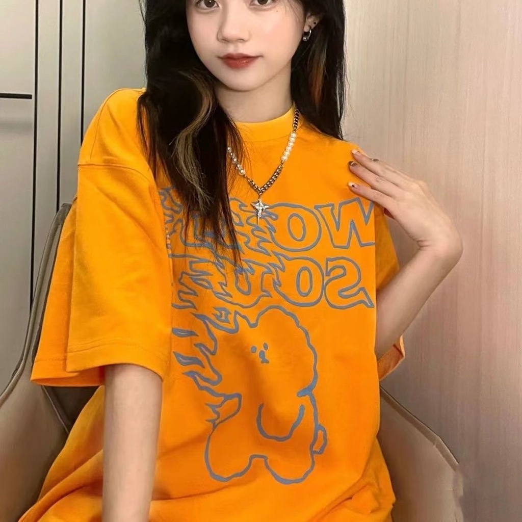 Jiashucheng Áo Thun Nữ Ngắn Tay Dáng Rộng In Hình Gấu Màu Cam Dễ Thương