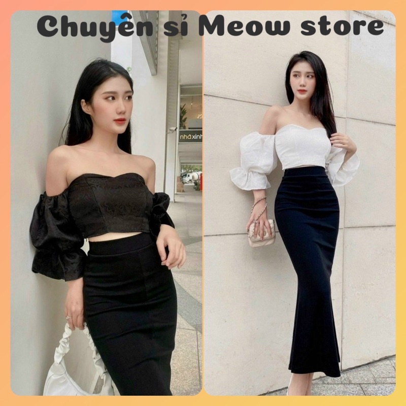 Áo kiểu bẹt vai phồng vải xốp có mút ngực