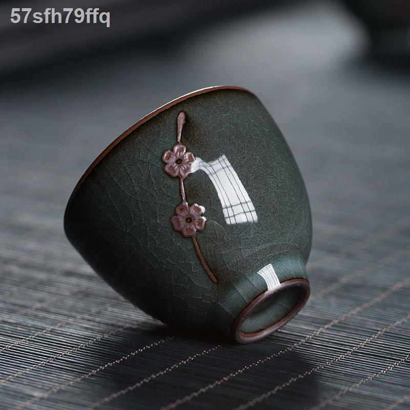 ♘♣Tách trà gốm sứ Long Tuyền Celadon Tách trà sắt Lốp xe trà mận Thủ công Kung Fu Master Cup Cá nhân một