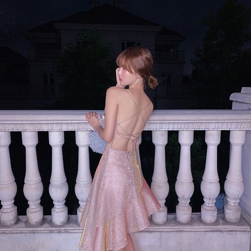 Đầm Body Hở Lưng 2 dây nhũ kim tuyến co giãn 4 chiều siêu sang chảnh