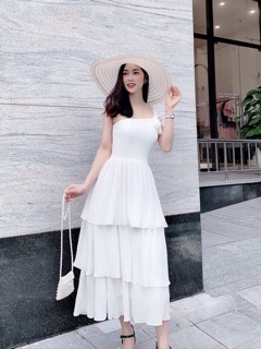 [HÀNG THIẾT KẾ] ĐẦM TRẮNG LỆCH VAI 3 TẦNG DẬP LI (KÈM HOA)