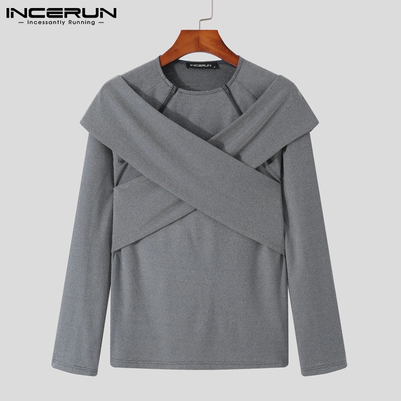 Áo thun INCERUN tay dài màu trơn thời trang dành cho nam