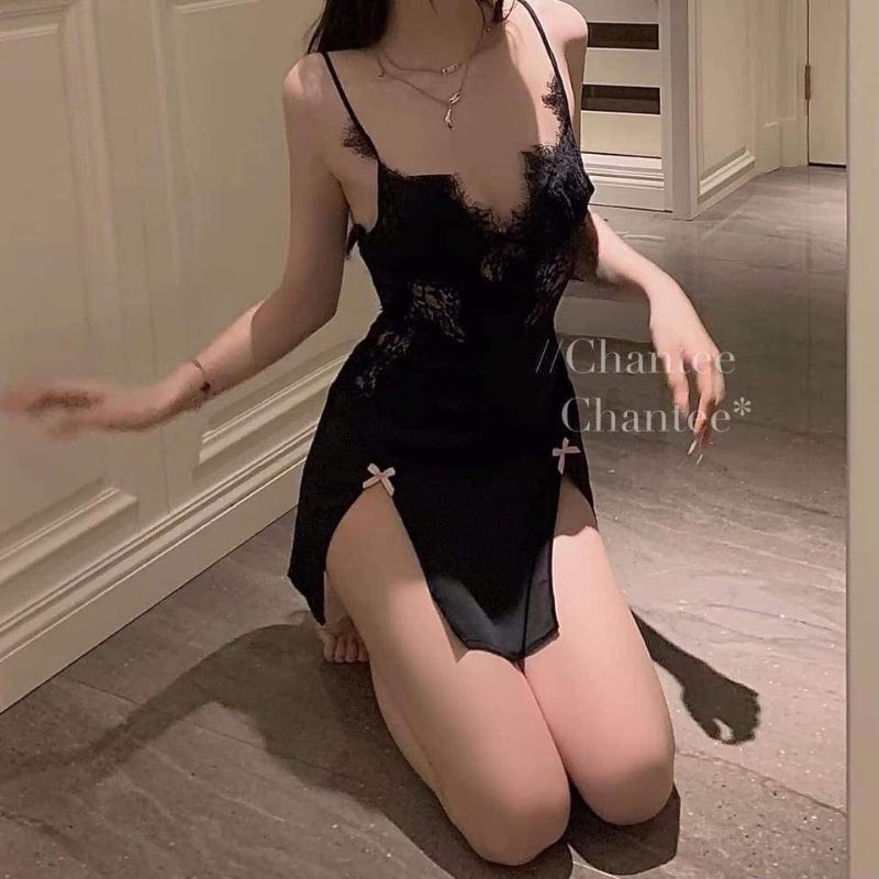 Váy ngủ sexy xẻ tà phối ren ngực kiểu dáng mới _ đầm mặc nhà ngủ nhà quyến rũ quảng châu cao cấp hàng sẵn