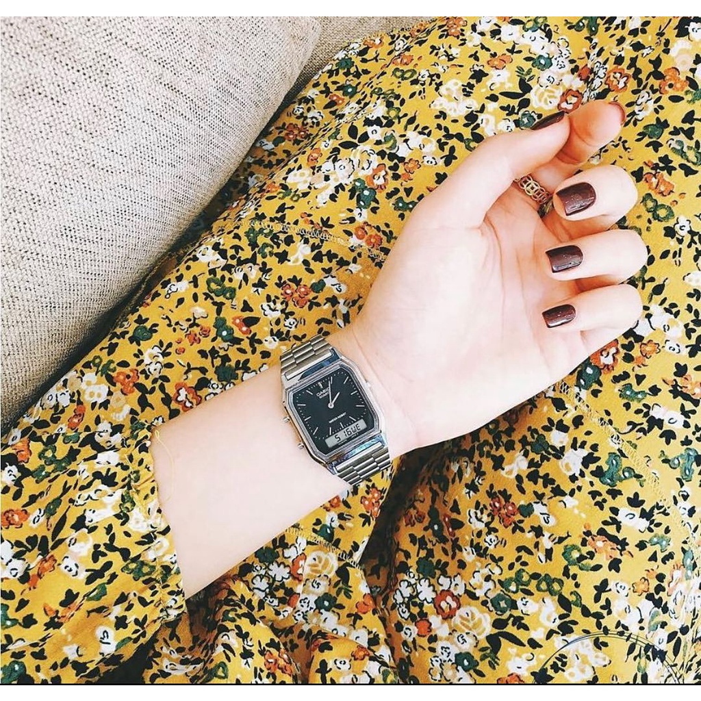 Đồng hồ Unisex Casio AQ-230A-1DMQ, đồng hồ chính hãng, silver gạch, mặt đen