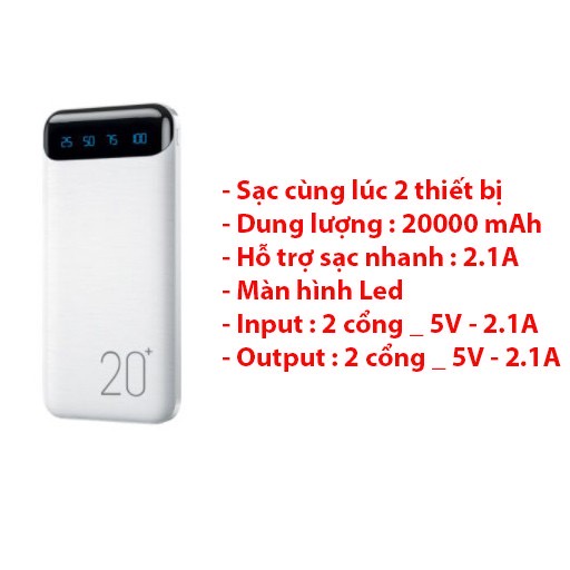 Sạc Dự Phòng 20000mAh/10000mAh.wk163 /wk161,Màn Hình LED - Hiển Thị % Pin(Bảo Hành 12 Tháng)