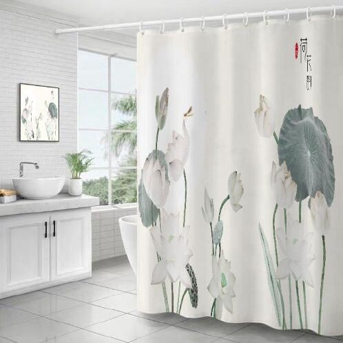 Bộ Rèm Cửa + Rèm Cửa + Rèm Treo Phòng Tắm Chống Thấm Nước / Nấm Mốc In Họa Tiết Hoa Sen Trung Hoa