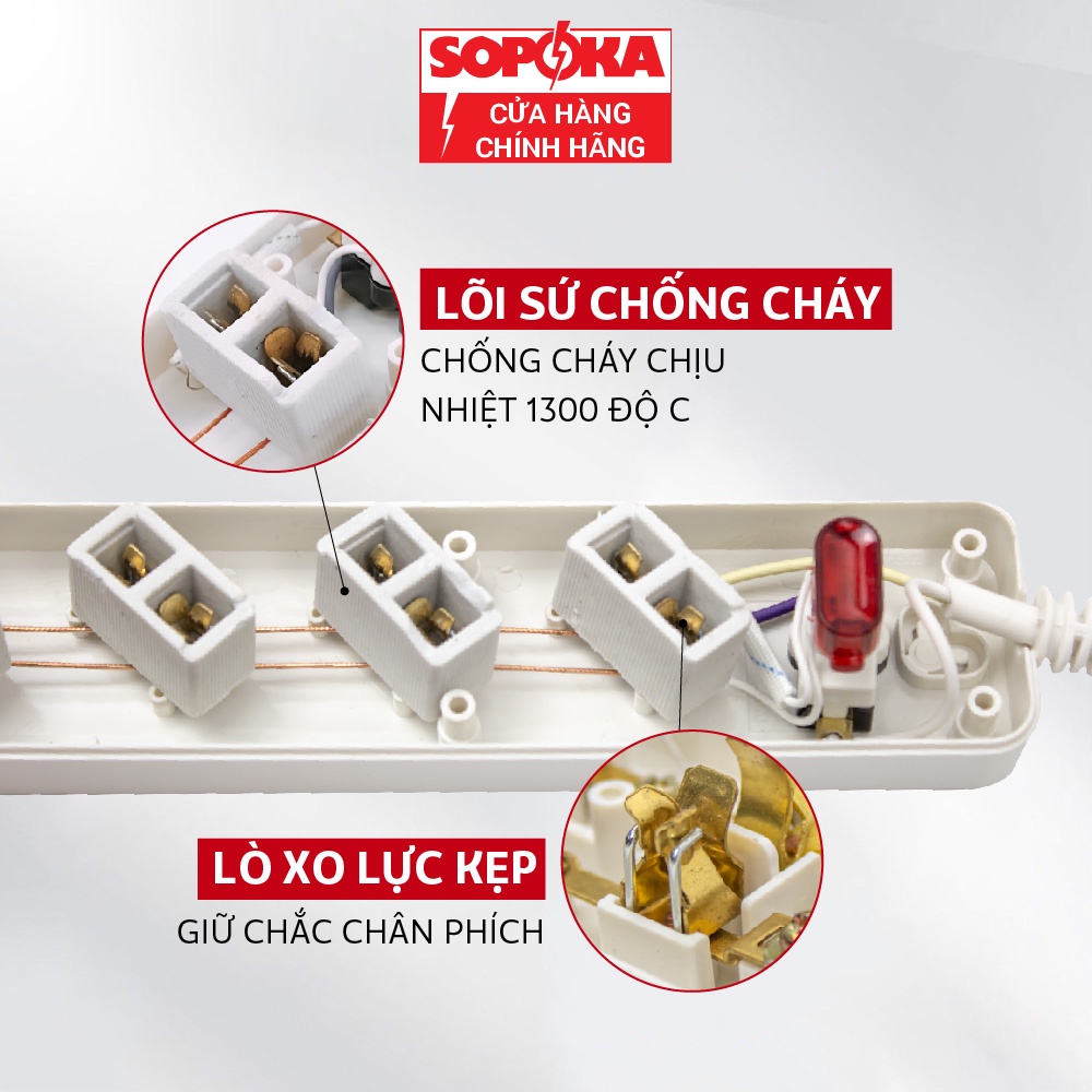 Ổ cắm điện liền dây chịu tải 1200W SOPOKA 3L1-6L1 công tắc an toàn