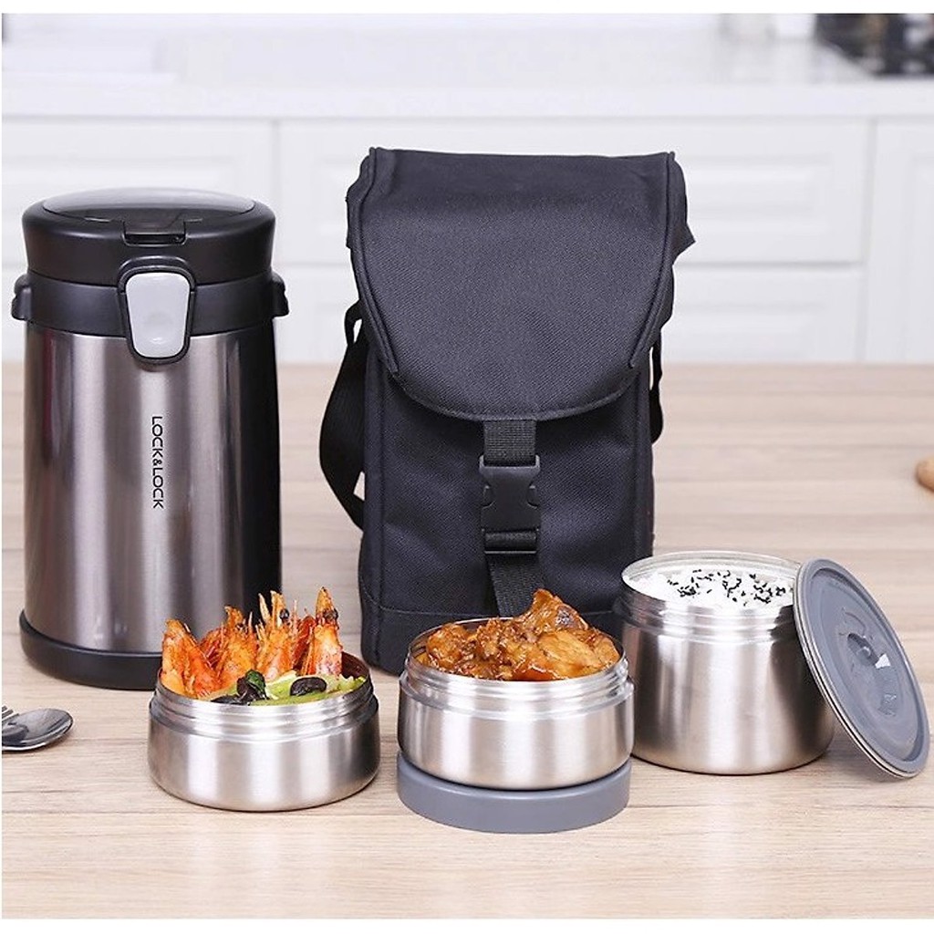 Bộ Hộp Cơm Giữ Nhiệt Easy Take Lunch Box Lock&amp;Lock LHC8034 (2000ml) Kèm Bình Nước Và Túi Vải Tiện Lợi (Mẫu Ngẫu Nhiên)