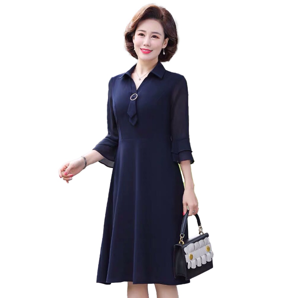 Đầm trung niên sang trọng u40 u50 dự tiệc cho mẹ chất liệu voan cổ sơ mi tay lỡ dáng suông qua gối đẹp thanh lịch