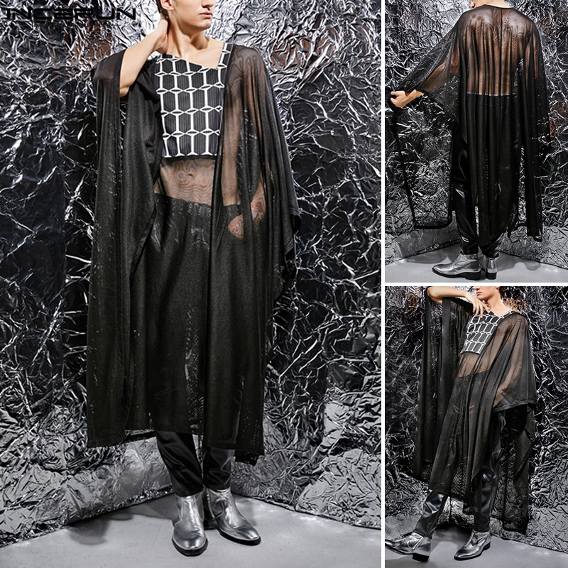 INCERUN Áo Choàng Kaftan Dài Dáng Rộng Tay Ngắn Trong Suốt Cho Nam Giới