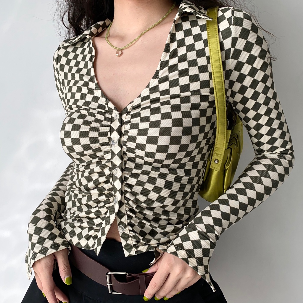 QKOOLE Áo croptop  tay dài họa tiết sọc caro phong cách cổ điển Hàn Quốc