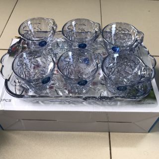 Bộ 6 cốc kèm khay thủy tinh màu xanh