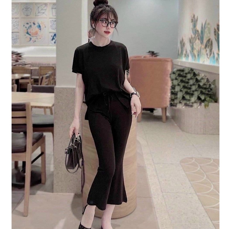 Set Bộ Nữ Áo Tay Ngắn Phối Quần Loe Tone Màu Nhẹ Nhàng Nữ Tính Chất Liệu Co Dãn Mặc Ở Nhà Đi Chơi Cực Xinh Xm Minh Phúc