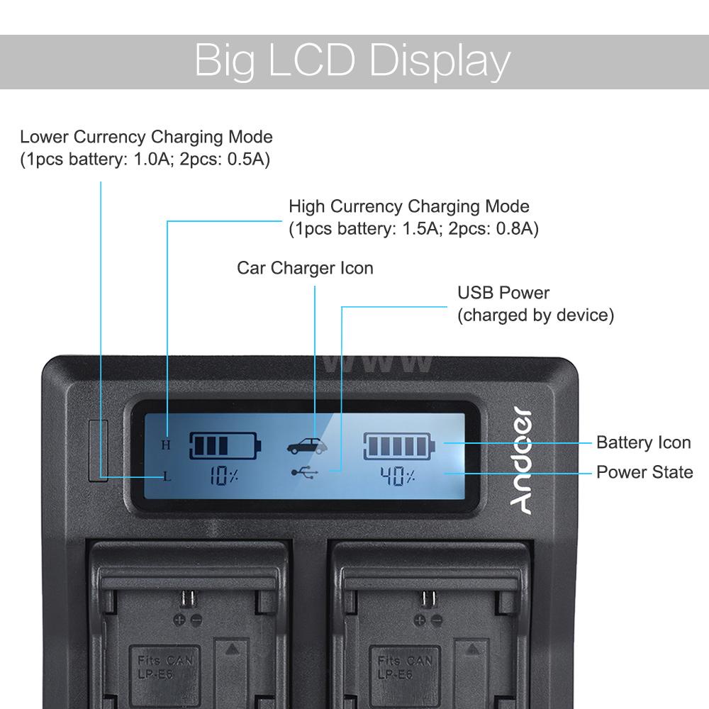 Bộ Sạc Pin Andoer Lp-E6 Lp-E6N Màn Hình Lcd Kỹ Thuật Số Cho Canon Eos 5dii 5diii 5dsr 6d 7dii 60d 80d 70d