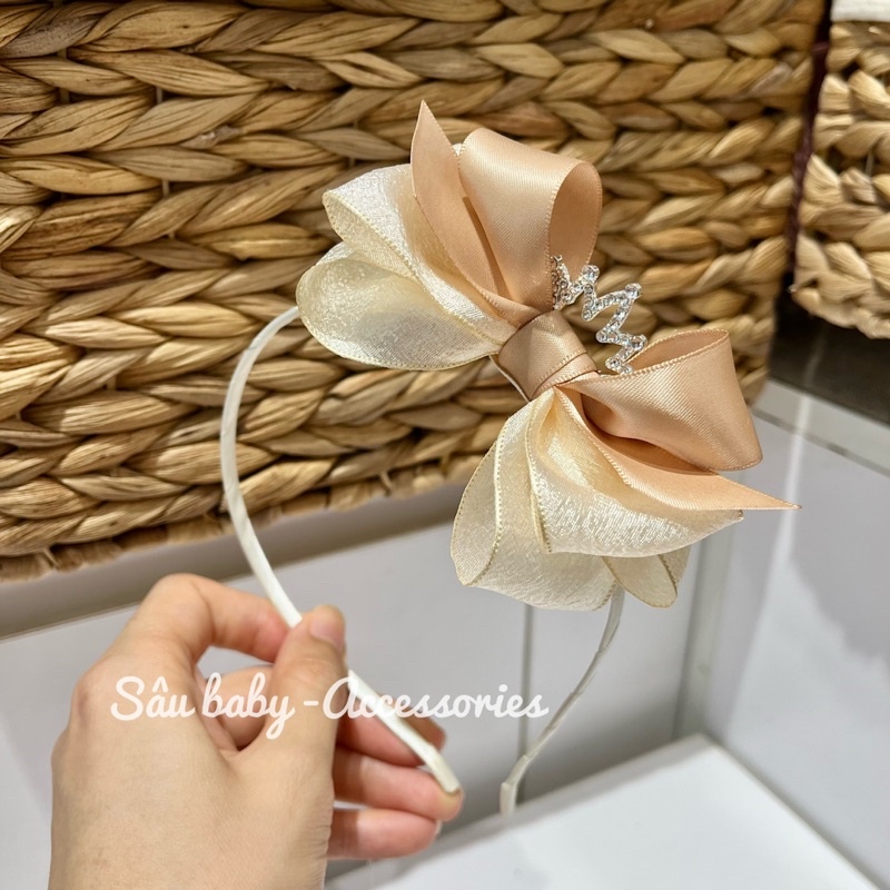 Bờm xước tóc handmade nơ voan kem nâu vương miện cho bé