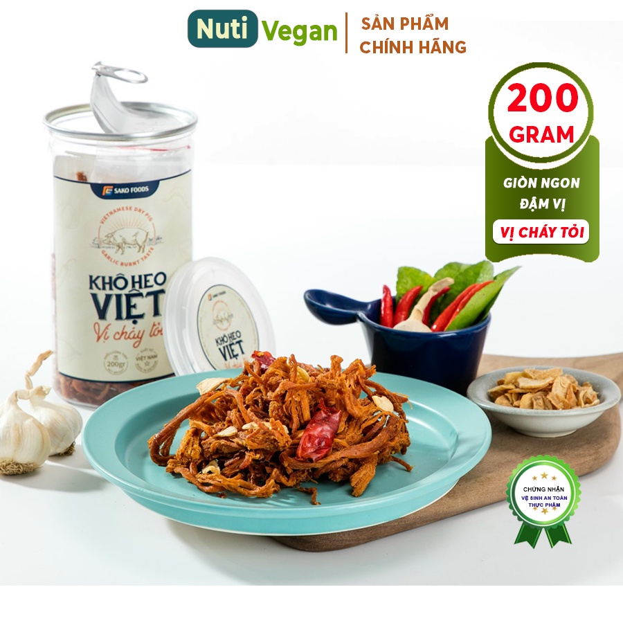 Khô Heo Cháy Tỏi Sako Foods giòn ngon đậm vị, Hộp 200g, đồ ăn vặt siêu ngon - Nuti Vegan