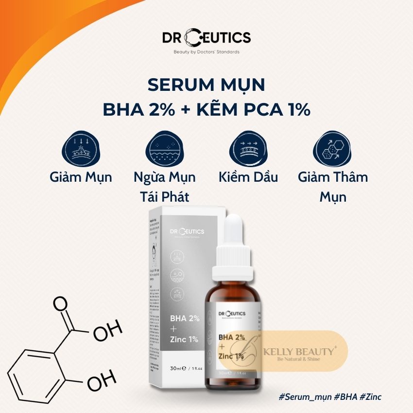 Serum Mụn DrCeutics 30ml - Cải Thiện &amp; Ngừa Mụn; Giúp Kiềm Dầu, Thông Thoáng LCL - BHA 2% + Kẽm PCA 1% | Kelly Beauty