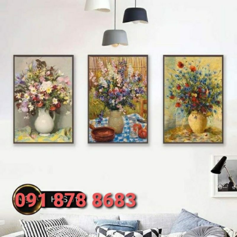 Bộ 3 tranh treo tường 40*60cm*3 tấm theo yêu cầu khung gỗ mẫu hoa sơn dầu in tranh canvas đẹp lung linh như tranh vẽ