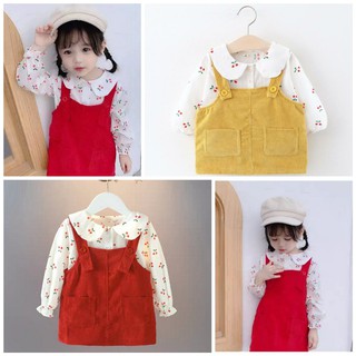 [HÀNG CỰC ĐẸP] Set váy yếm nhung kèm áo sơ mi chất đẹp phong cách vintage cho bé gái