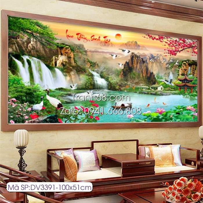 Tranh thêu phong cảnh non nước hữu tình KT:100x51cm,tranh chưa thêu.Tặng kéo và xỏ chỉ.