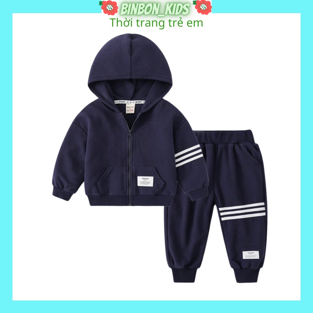 Bộ Nỉ Dài Tay Cho Bé, Bộ thu đông cho bé trai 3 Vạch Chất Thun Tổ Ong Có Mũ Cực Xinh Cho Bé từ 7-28kg