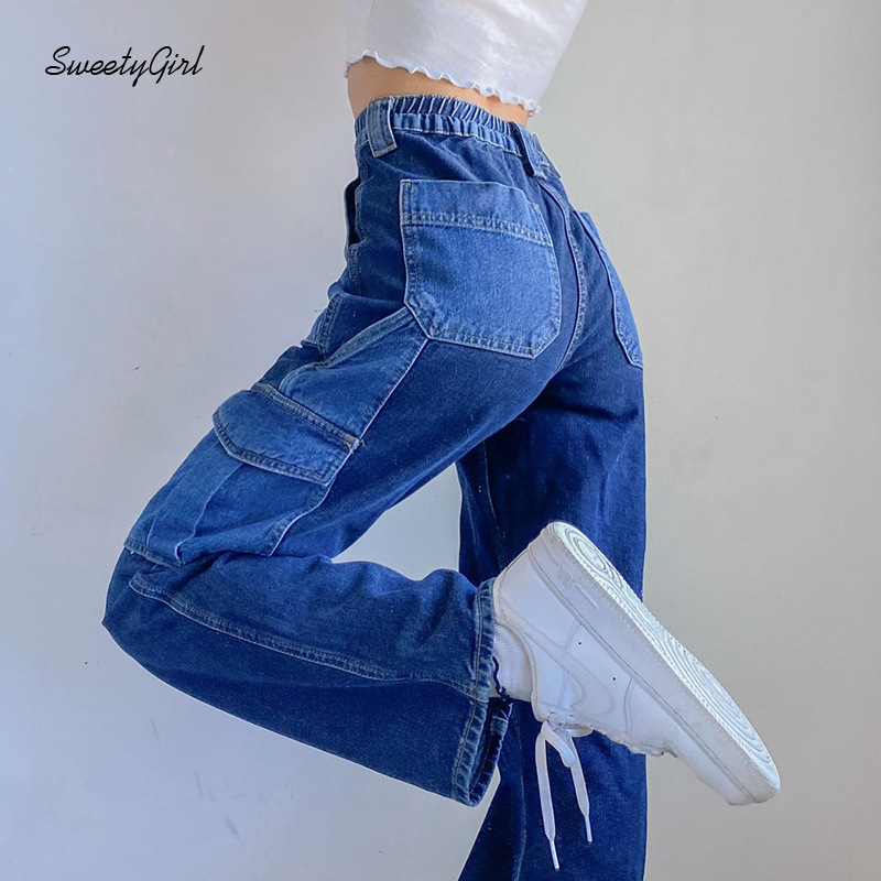 SweetyGirl Fashion Jeans Elastic High Waist Pocketed Straight Leg Women Casual All Match Streetwear Denim Pants
