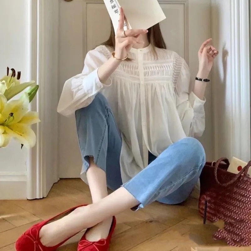 Áo Sơ Mi Cotton Lanh Tay Dài Màu Trắng Phong Cách Pháp Cổ Điển Thời Trang Mùa Hè Cho Nữ