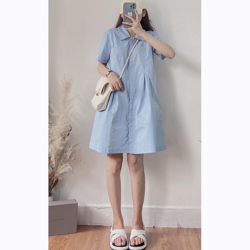 [ẢNH THẬT/VIDEO] VÁY SƠ MI DÁNG BABYDOLL UZZANG CÓ TÚI NGỰC SIÊU XINH VÁY SƠ MI CỔ ĐỨC DÁNG SUÔNG HÀN QUỐC