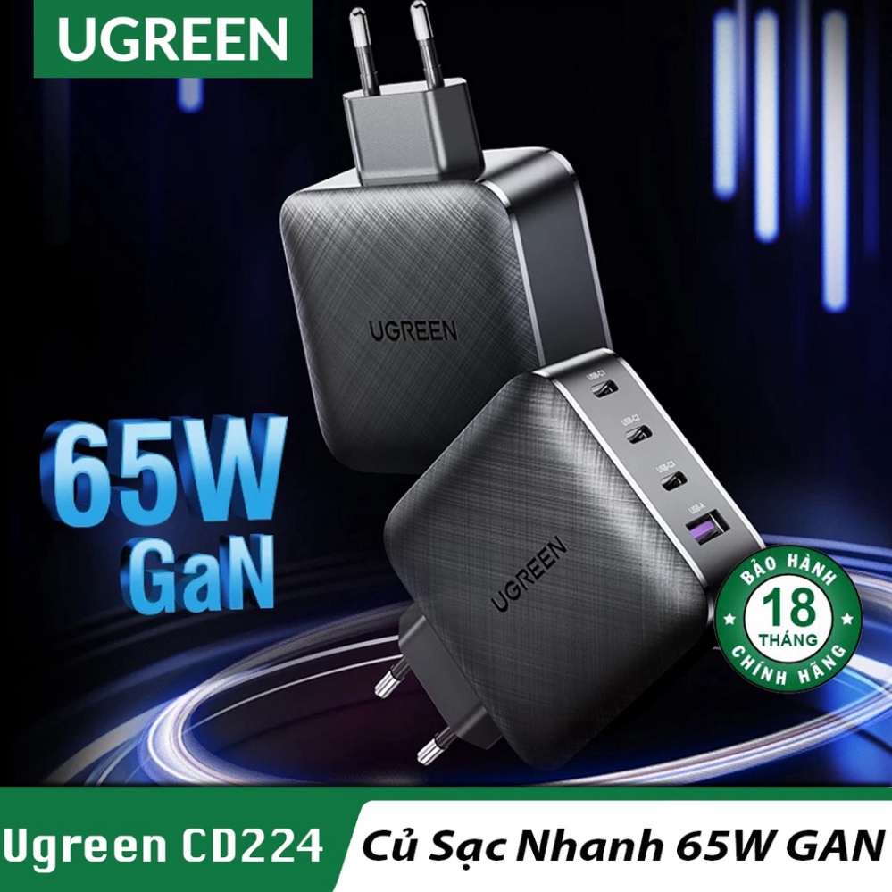 Củ Sạc Nhanh 65W 3 Cổng Type C GaN Quick Charge 4.0 3.0 Ugreen CD224 - BH 18T Chính Hãng
