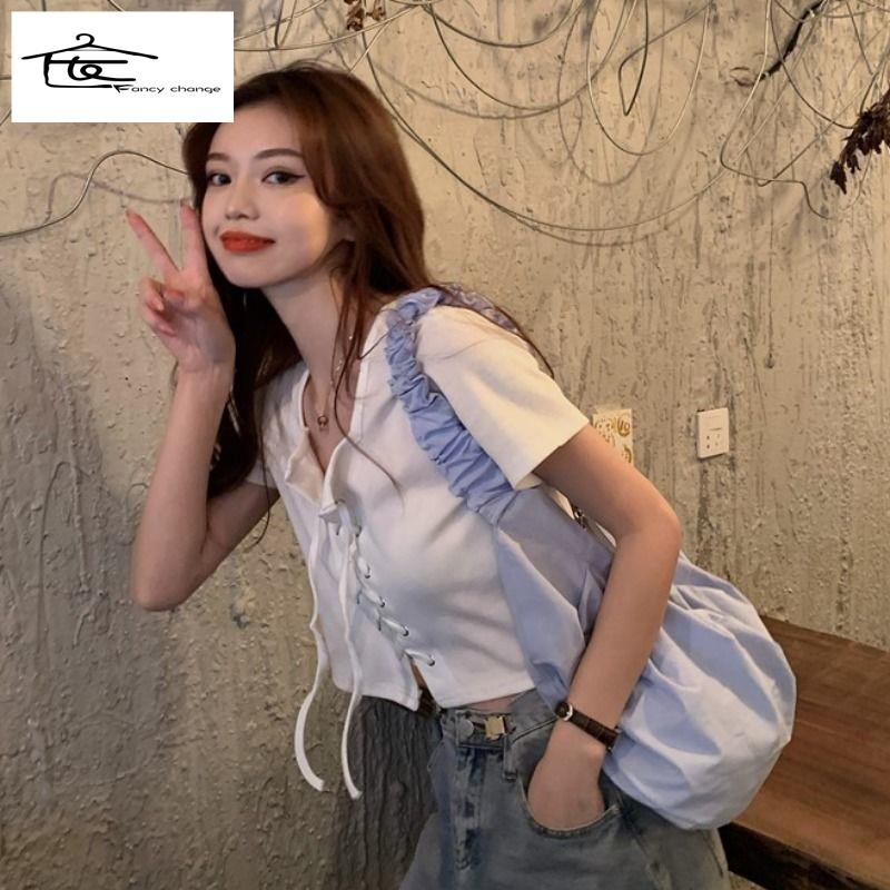 Áo Thun Tay Ngắn Cổ Vuông Phong Cách Pháp Thời Trang Mùa Hè Xinh Xắn Cho Nữ