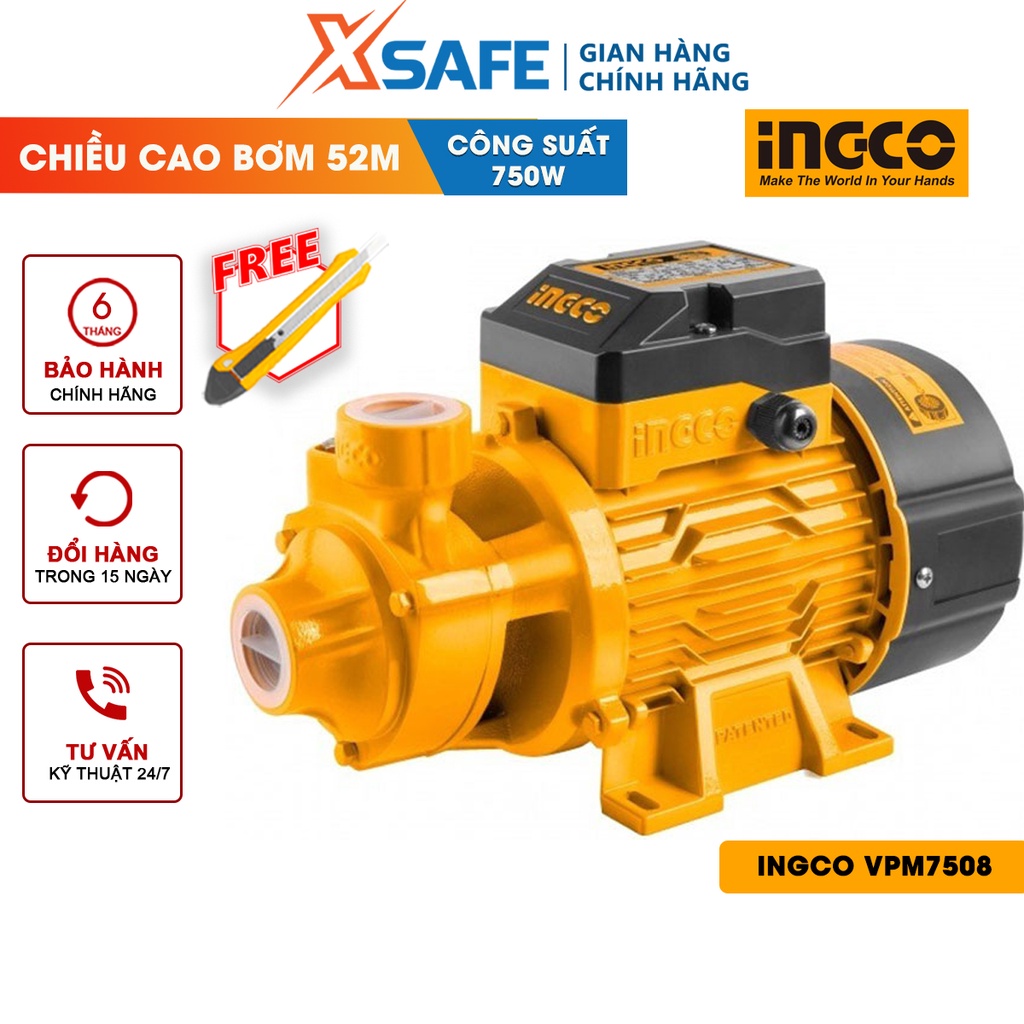 Máy bơm nước INGCO VPM7508 750W(1HP), chiều cao bơm tối đa 52m, độ hút sâu 8m, mô tơ dây đồng